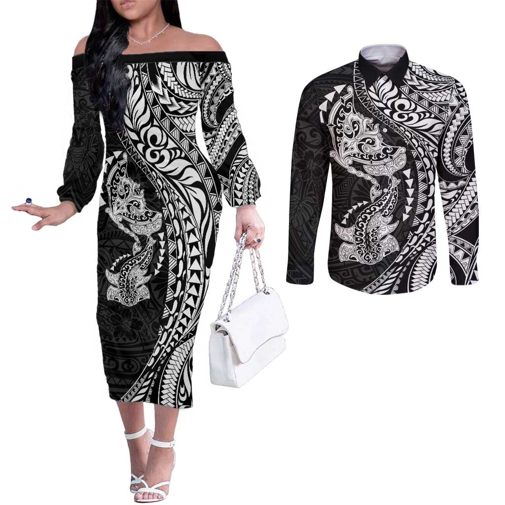 Hawaiian Manta Ray and Hammerhead Shark Tribal Tattoo Couples Matching Off The Shoulder Long Sleeve Dress and Long Sleeve Button Shirt with Polynesian Tribal Pattern Black-White Color