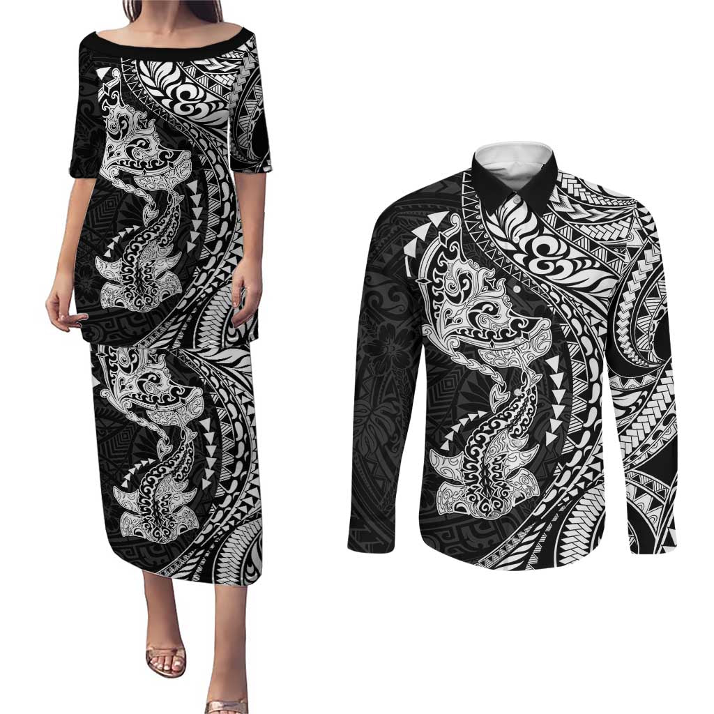 Hawaiian Manta Ray and Hammerhead Shark Tribal Tattoo Couples Matching Puletasi and Long Sleeve Button Shirt with Polynesian Tribal Pattern Black-White Color