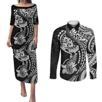 Hawaiian Manta Ray and Hammerhead Shark Tribal Tattoo Couples Matching Puletasi and Long Sleeve Button Shirt with Polynesian Tribal Pattern Black-White Color