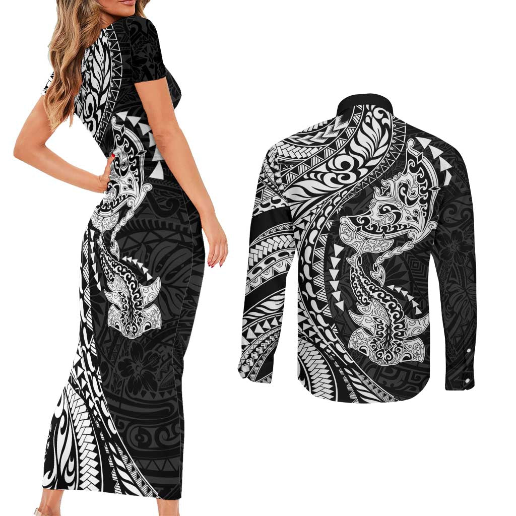 Hawaiian Manta Ray and Hammerhead Shark Tribal Tattoo Couples Matching Short Sleeve Bodycon Dress and Long Sleeve Button Shirt with Polynesian Tribal Pattern Black-White Color