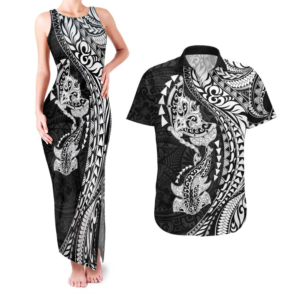 Hawaiian Manta Ray and Hammerhead Shark Tribal Tattoo Couples Matching Tank Maxi Dress and Hawaiian Shirt with Polynesian Tribal Pattern Black-White Color