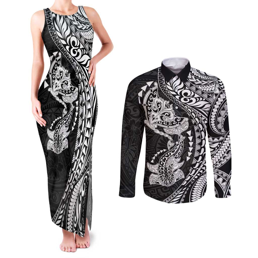Hawaiian Manta Ray and Hammerhead Shark Tribal Tattoo Couples Matching Tank Maxi Dress and Long Sleeve Button Shirt with Polynesian Tribal Pattern Black-White Color LT03 Multicolor - Polynesian Pride