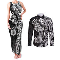 Hawaiian Manta Ray and Hammerhead Shark Tribal Tattoo Couples Matching Tank Maxi Dress and Long Sleeve Button Shirt with Polynesian Tribal Pattern Black-White Color LT03 Multicolor - Polynesian Pride