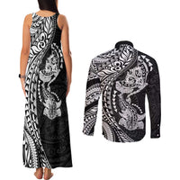 Hawaiian Manta Ray and Hammerhead Shark Tribal Tattoo Couples Matching Tank Maxi Dress and Long Sleeve Button Shirt with Polynesian Tribal Pattern Black-White Color LT03 - Polynesian Pride