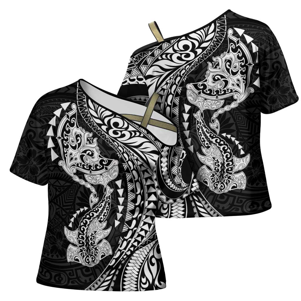 Hawaiian Manta Ray and Hammerhead Shark Tribal Tattoo Cross Shoulder Shirt with Polynesian Tribal Pattern Black-White Color