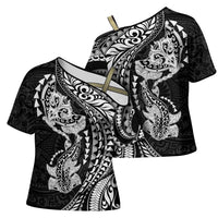 Hawaiian Manta Ray and Hammerhead Shark Tribal Tattoo Cross Shoulder Shirt with Polynesian Tribal Pattern Black-White Color