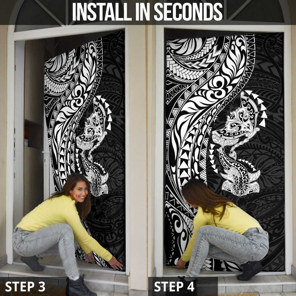 Hawaiian Manta Ray and Hammerhead Shark Tribal Tattoo Door Cover with Polynesian Tribal Pattern Black-White Color