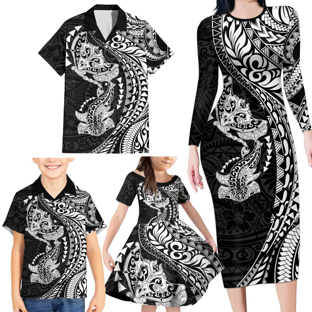 Hawaiian Manta Ray and Hammerhead Shark Tribal Tattoo Family Matching Long Sleeve Bodycon Dress and Hawaiian Shirt with Polynesian Tribal Pattern Black-White Color