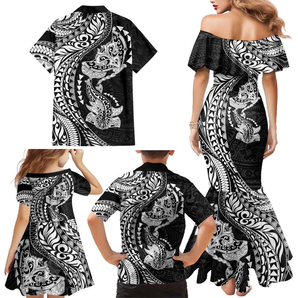 Hawaiian Manta Ray and Hammerhead Shark Tribal Tattoo Family Matching Mermaid Dress and Hawaiian Shirt with Polynesian Tribal Pattern Black-White Color