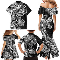 Hawaiian Manta Ray and Hammerhead Shark Tribal Tattoo Family Matching Mermaid Dress and Hawaiian Shirt with Polynesian Tribal Pattern Black-White Color