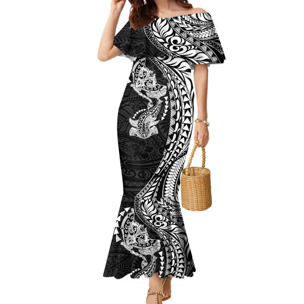 Hawaiian Manta Ray and Hammerhead Shark Tribal Tattoo Family Matching Mermaid Dress and Hawaiian Shirt with Polynesian Tribal Pattern Black-White Color