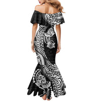 Hawaiian Manta Ray and Hammerhead Shark Tribal Tattoo Family Matching Mermaid Dress and Hawaiian Shirt with Polynesian Tribal Pattern Black-White Color