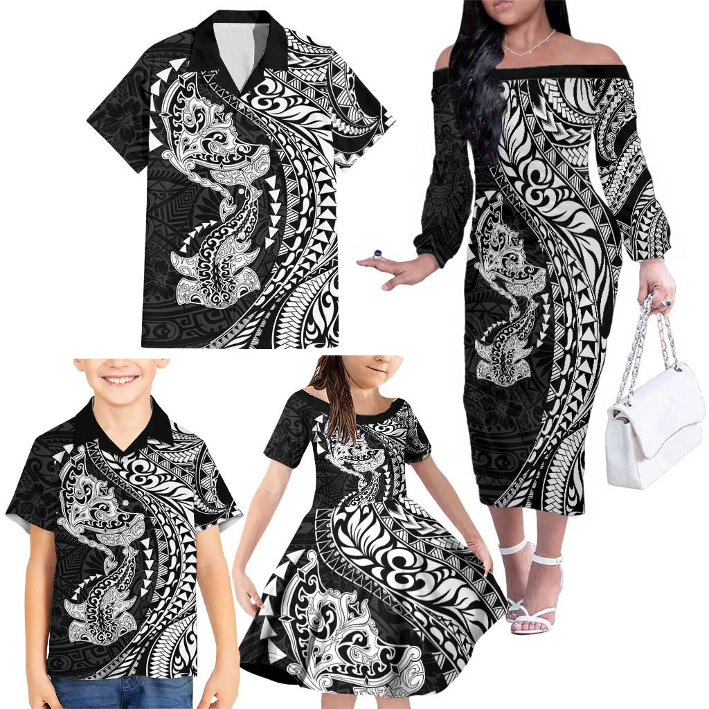 Hawaiian Manta Ray and Hammerhead Shark Tribal Tattoo Family Matching Off The Shoulder Long Sleeve Dress and Hawaiian Shirt with Polynesian Tribal Pattern Black-White Color