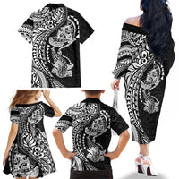 Hawaiian Manta Ray and Hammerhead Shark Tribal Tattoo Family Matching Off The Shoulder Long Sleeve Dress and Hawaiian Shirt with Polynesian Tribal Pattern Black-White Color