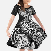 Hawaiian Manta Ray and Hammerhead Shark Tribal Tattoo Family Matching Off Shoulder Maxi Dress and Hawaiian Shirt with Polynesian Tribal Pattern Black-White Color