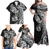 Hawaiian Manta Ray and Hammerhead Shark Tribal Tattoo Family Matching Off Shoulder Maxi Dress and Hawaiian Shirt with Polynesian Tribal Pattern Black-White Color
