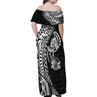 Hawaiian Manta Ray and Hammerhead Shark Tribal Tattoo Family Matching Off Shoulder Maxi Dress and Hawaiian Shirt with Polynesian Tribal Pattern Black-White Color