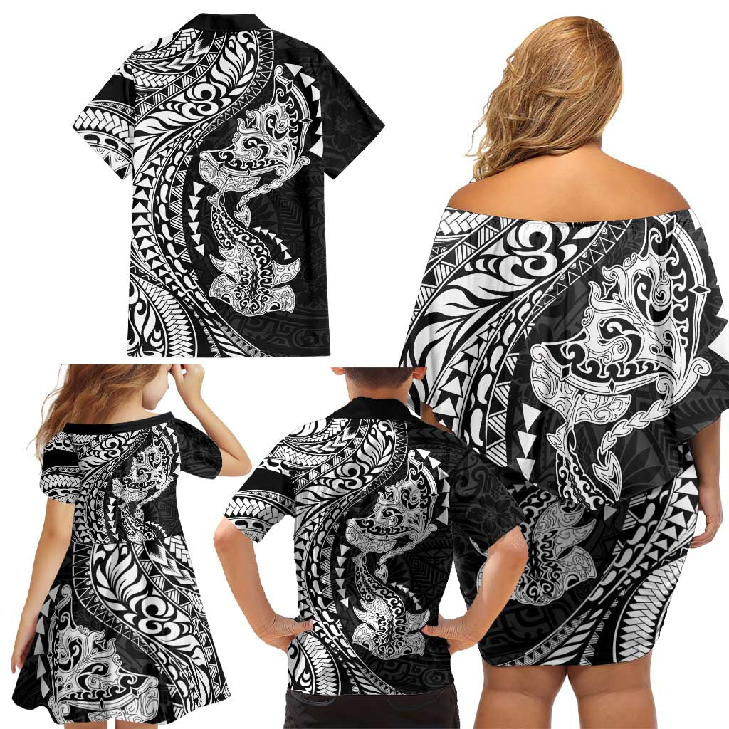 Hawaiian Manta Ray and Hammerhead Shark Tribal Tattoo Family Matching Off Shoulder Short Dress and Hawaiian Shirt with Polynesian Tribal Pattern Black-White Color