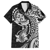 Hawaiian Manta Ray and Hammerhead Shark Tribal Tattoo Family Matching Off Shoulder Short Dress and Hawaiian Shirt with Polynesian Tribal Pattern Black-White Color