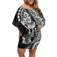 Hawaiian Manta Ray and Hammerhead Shark Tribal Tattoo Family Matching Off Shoulder Short Dress and Hawaiian Shirt with Polynesian Tribal Pattern Black-White Color