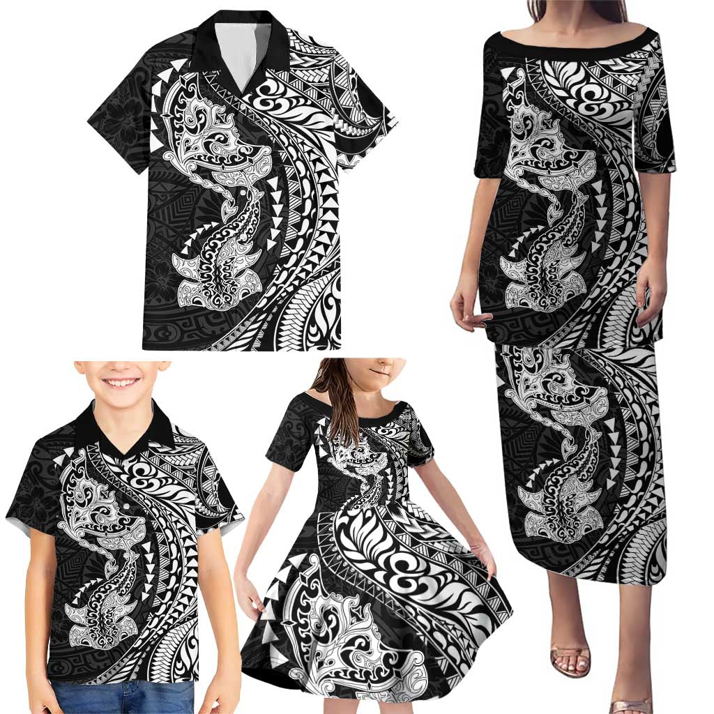 Hawaiian Manta Ray and Hammerhead Shark Tribal Tattoo Family Matching Puletasi and Hawaiian Shirt with Polynesian Tribal Pattern Black-White Color