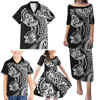 Hawaiian Manta Ray and Hammerhead Shark Tribal Tattoo Family Matching Puletasi and Hawaiian Shirt with Polynesian Tribal Pattern Black-White Color