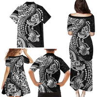 Hawaiian Manta Ray and Hammerhead Shark Tribal Tattoo Family Matching Puletasi and Hawaiian Shirt with Polynesian Tribal Pattern Black-White Color