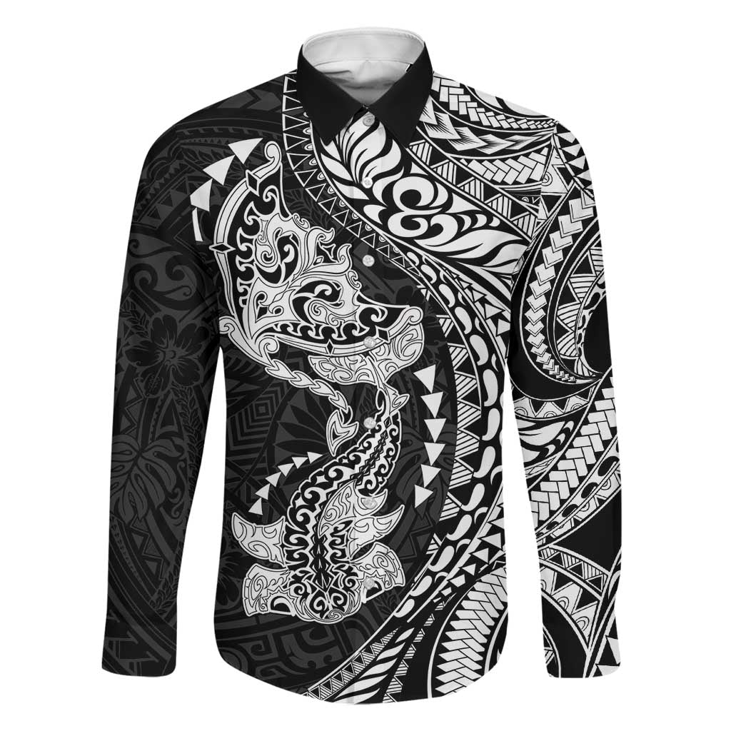 Hawaiian Manta Ray and Hammerhead Shark Tribal Tattoo Family Matching Puletasi and Hawaiian Shirt with Polynesian Tribal Pattern Black-White Color