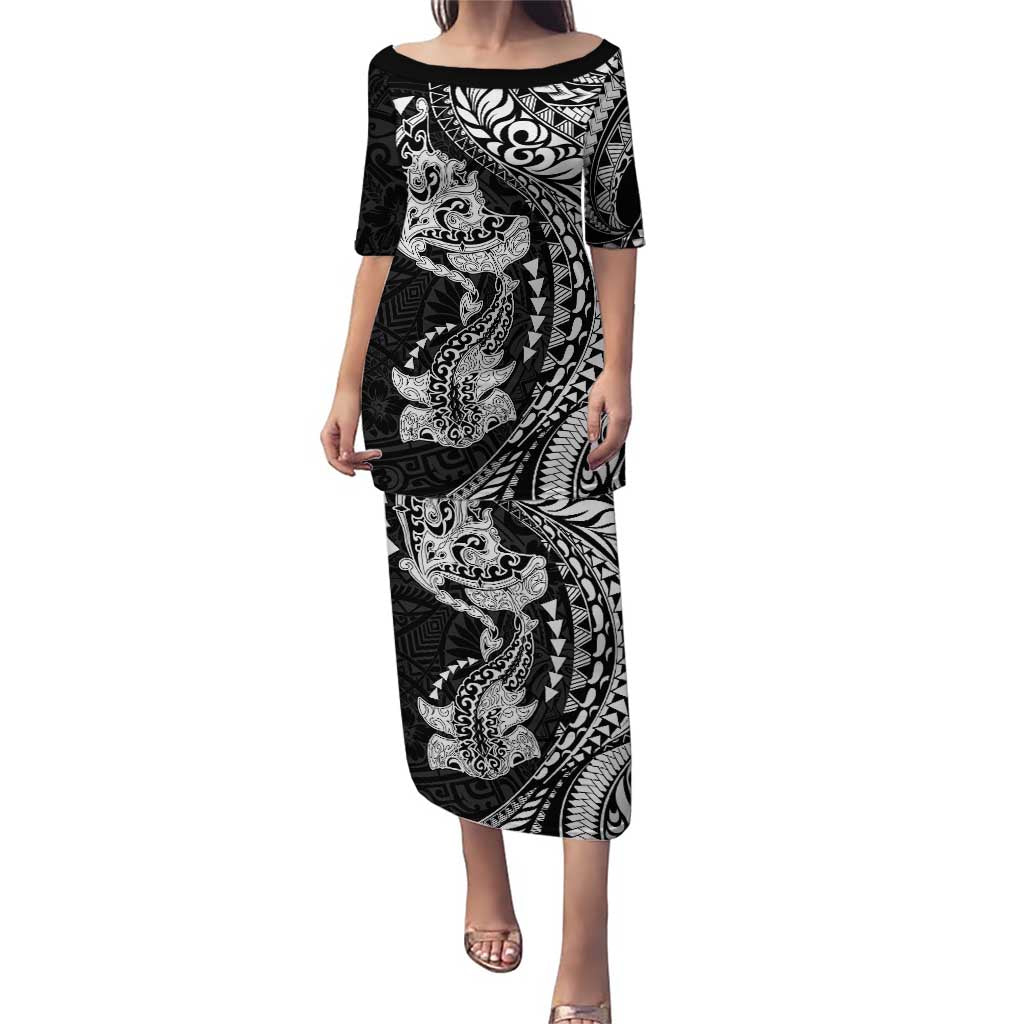 Hawaiian Manta Ray and Hammerhead Shark Tribal Tattoo Family Matching Puletasi and Hawaiian Shirt with Polynesian Tribal Pattern Black-White Color