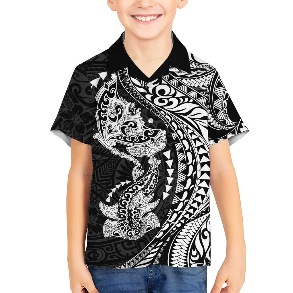 Hawaiian Manta Ray and Hammerhead Shark Tribal Tattoo Family Matching Puletasi and Hawaiian Shirt with Polynesian Tribal Pattern Black-White Color