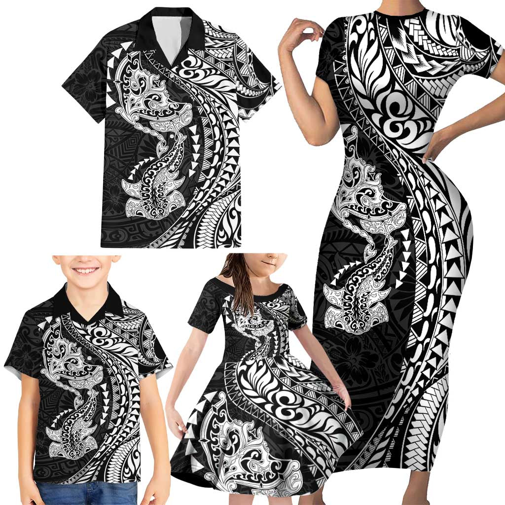 Hawaiian Manta Ray and Hammerhead Shark Tribal Tattoo Family Matching Short Sleeve Bodycon Dress and Hawaiian Shirt with Polynesian Tribal Pattern Black-White Color