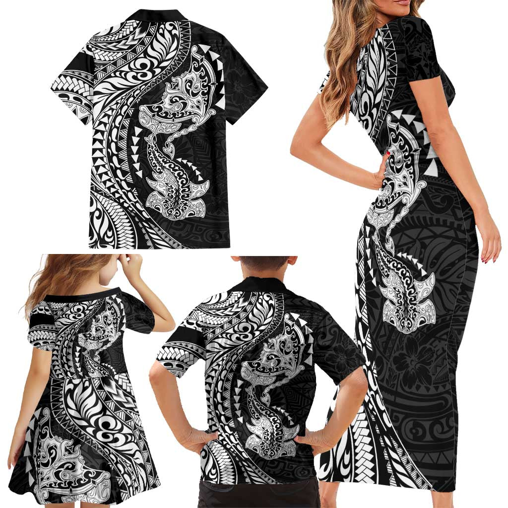 Hawaiian Manta Ray and Hammerhead Shark Tribal Tattoo Family Matching Short Sleeve Bodycon Dress and Hawaiian Shirt with Polynesian Tribal Pattern Black-White Color