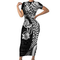 Hawaiian Manta Ray and Hammerhead Shark Tribal Tattoo Family Matching Short Sleeve Bodycon Dress and Hawaiian Shirt with Polynesian Tribal Pattern Black-White Color