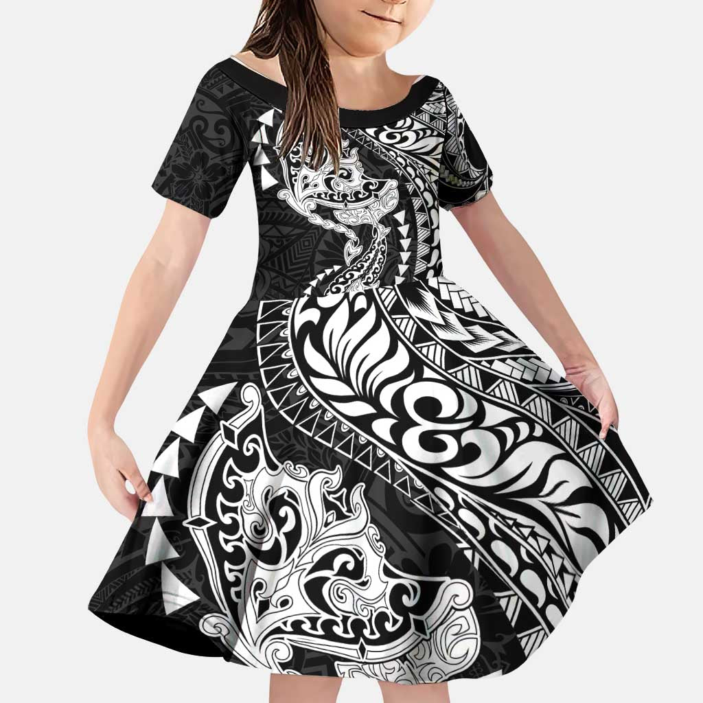 Hawaiian Manta Ray and Hammerhead Shark Tribal Tattoo Family Matching Summer Maxi Dress and Hawaiian Shirt with Polynesian Tribal Pattern Black-White Color