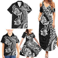 Hawaiian Manta Ray and Hammerhead Shark Tribal Tattoo Family Matching Summer Maxi Dress and Hawaiian Shirt with Polynesian Tribal Pattern Black-White Color