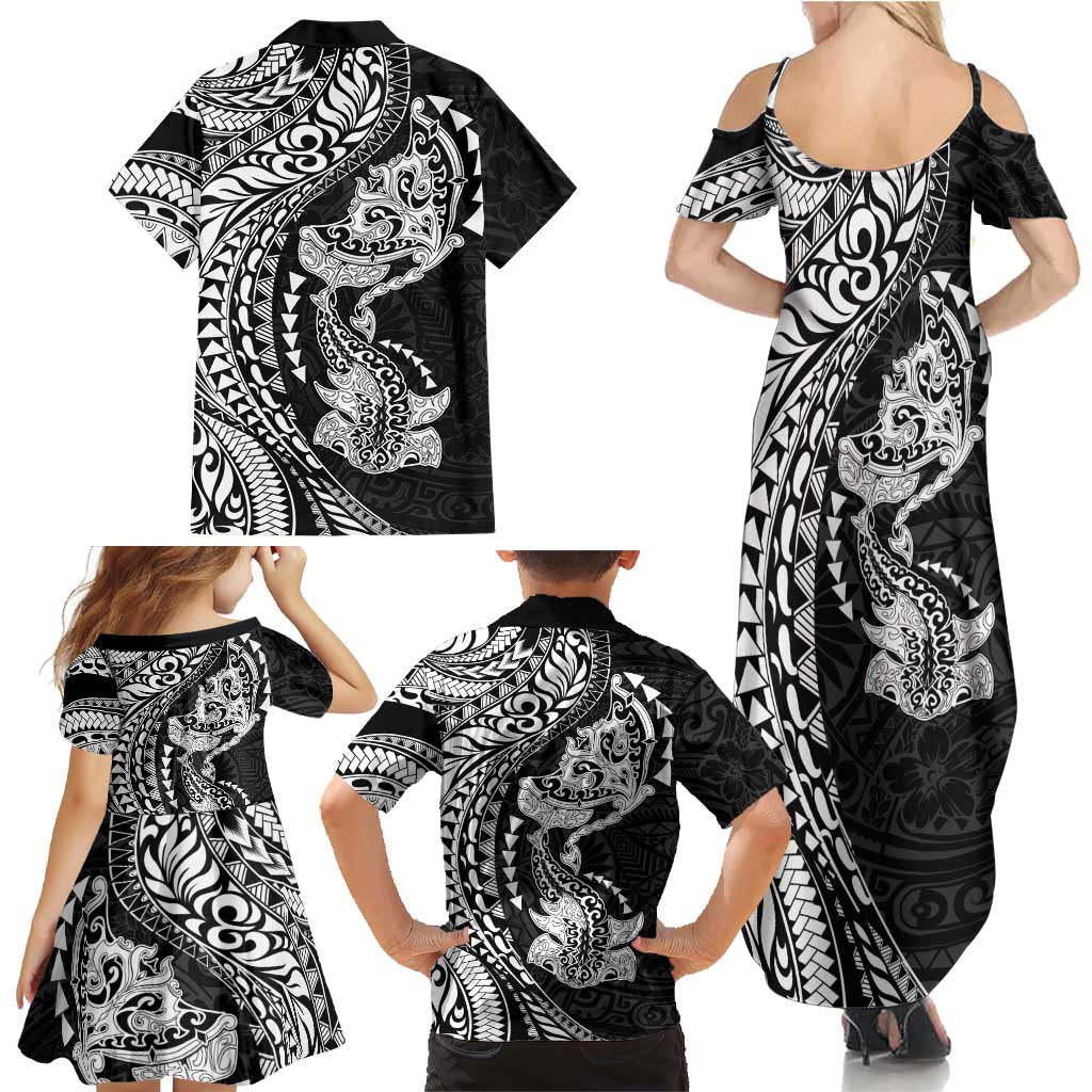 Hawaiian Manta Ray and Hammerhead Shark Tribal Tattoo Family Matching Summer Maxi Dress and Hawaiian Shirt with Polynesian Tribal Pattern Black-White Color