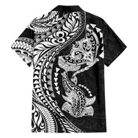 Hawaiian Manta Ray and Hammerhead Shark Tribal Tattoo Family Matching Summer Maxi Dress and Hawaiian Shirt with Polynesian Tribal Pattern Black-White Color