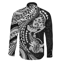 Hawaiian Manta Ray and Hammerhead Shark Tribal Tattoo Family Matching Summer Maxi Dress and Hawaiian Shirt with Polynesian Tribal Pattern Black-White Color