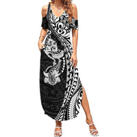 Hawaiian Manta Ray and Hammerhead Shark Tribal Tattoo Family Matching Summer Maxi Dress and Hawaiian Shirt with Polynesian Tribal Pattern Black-White Color