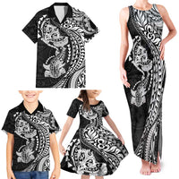 Hawaiian Manta Ray and Hammerhead Shark Tribal Tattoo Family Matching Tank Maxi Dress and Hawaiian Shirt with Polynesian Tribal Pattern Black-White Color