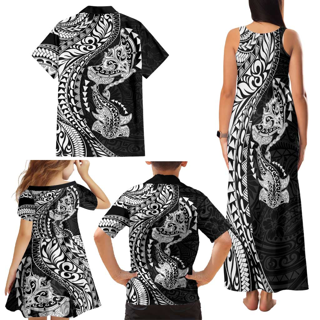 Hawaiian Manta Ray and Hammerhead Shark Tribal Tattoo Family Matching Tank Maxi Dress and Hawaiian Shirt with Polynesian Tribal Pattern Black-White Color