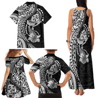 Hawaiian Manta Ray and Hammerhead Shark Tribal Tattoo Family Matching Tank Maxi Dress and Hawaiian Shirt with Polynesian Tribal Pattern Black-White Color