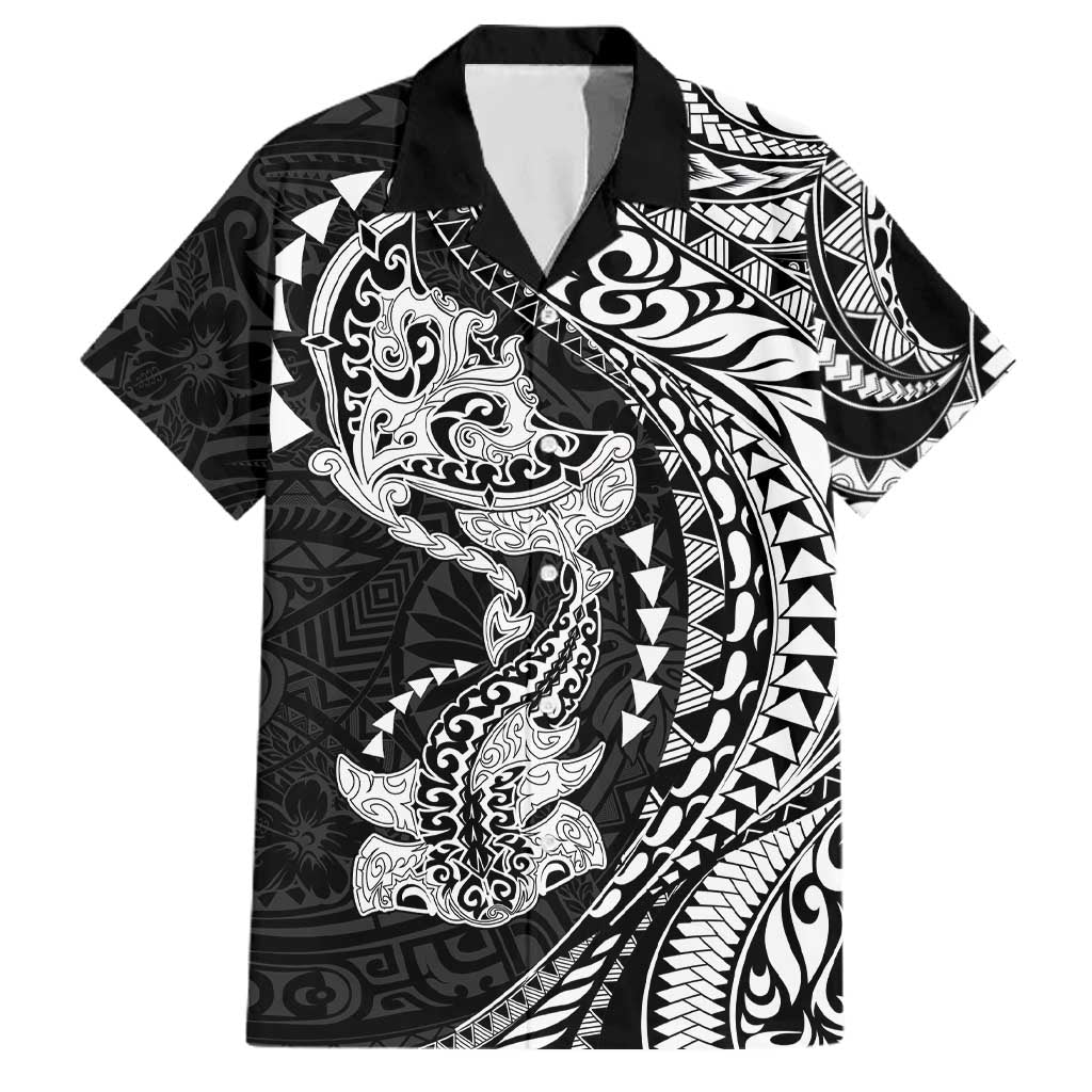 Hawaiian Manta Ray and Hammerhead Shark Tribal Tattoo Family Matching Tank Maxi Dress and Hawaiian Shirt with Polynesian Tribal Pattern Black-White Color