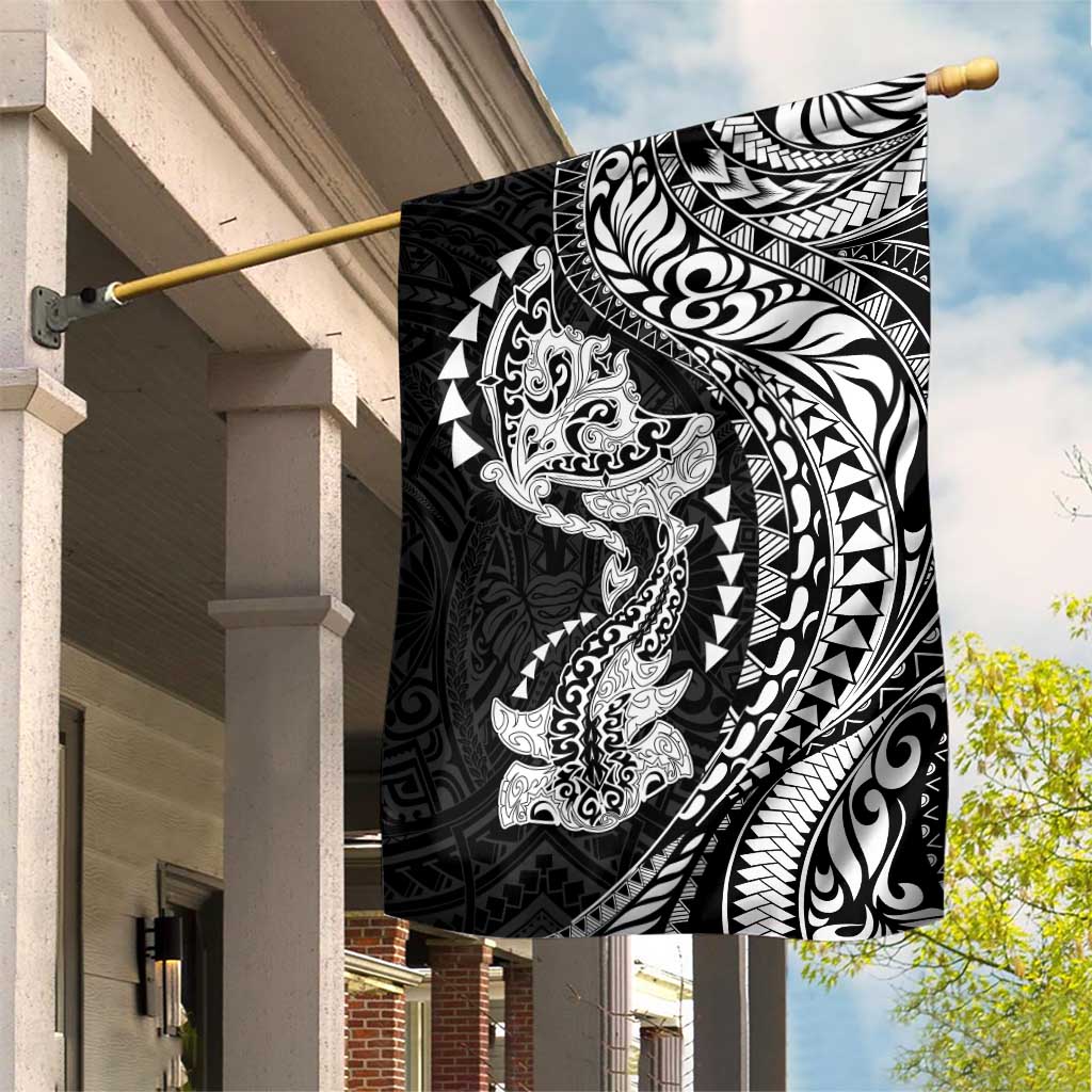 Hawaiian Manta Ray and Hammerhead Shark Tribal Tattoo Garden Flag with Polynesian Tribal Pattern Black-White Color
