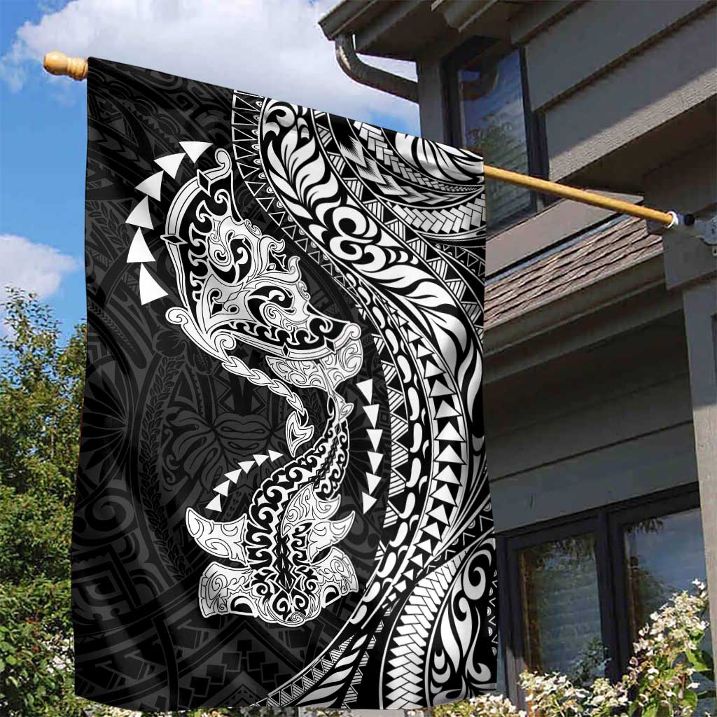 Hawaiian Manta Ray and Hammerhead Shark Tribal Tattoo Garden Flag with Polynesian Tribal Pattern Black-White Color