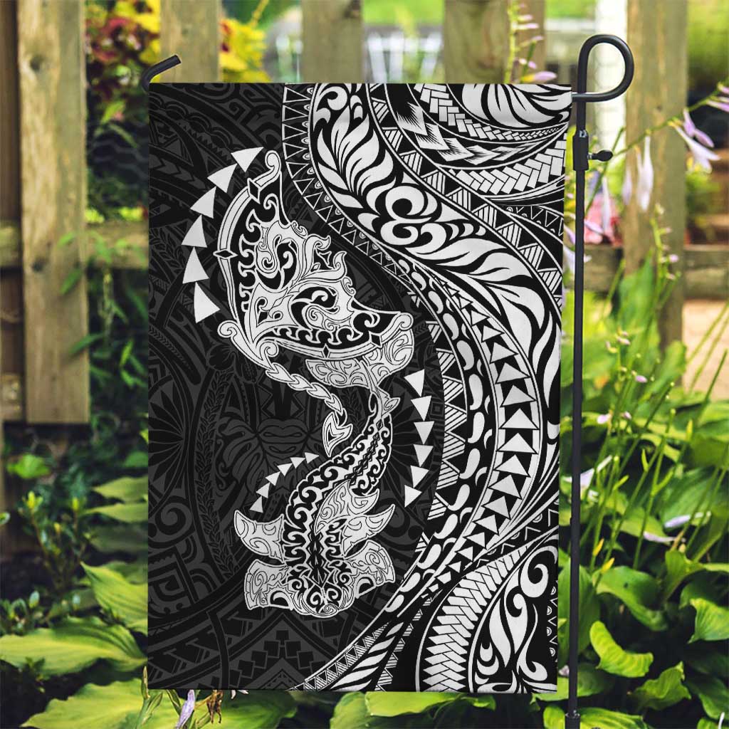Hawaiian Manta Ray and Hammerhead Shark Tribal Tattoo Garden Flag with Polynesian Tribal Pattern Black-White Color