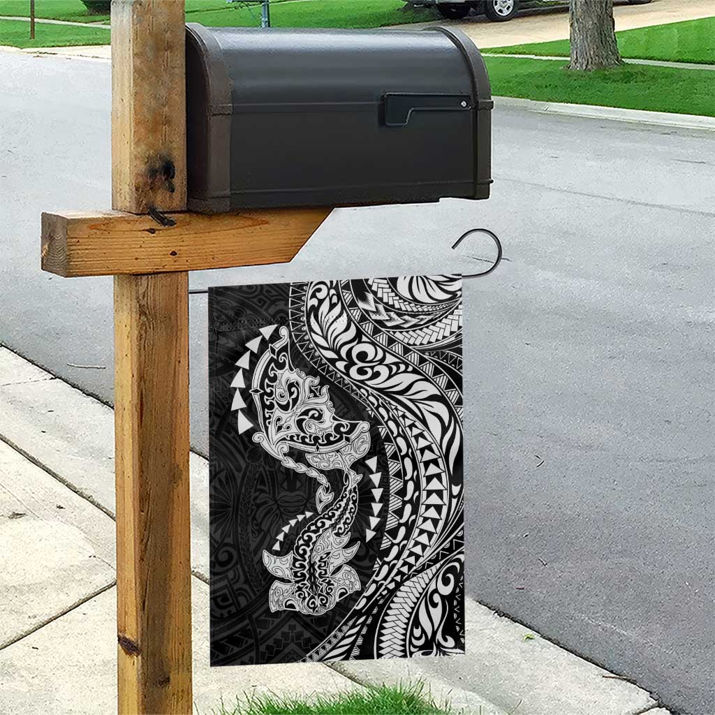 Hawaiian Manta Ray and Hammerhead Shark Tribal Tattoo Garden Flag with Polynesian Tribal Pattern Black-White Color