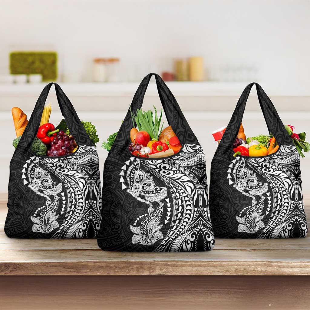 Hawaiian Manta Ray and Hammerhead Shark Tribal Tattoo Grocery Bag with Polynesian Tribal Pattern Black-White Color LT03 3-pack One Size Multicolor - Polynesian Pride