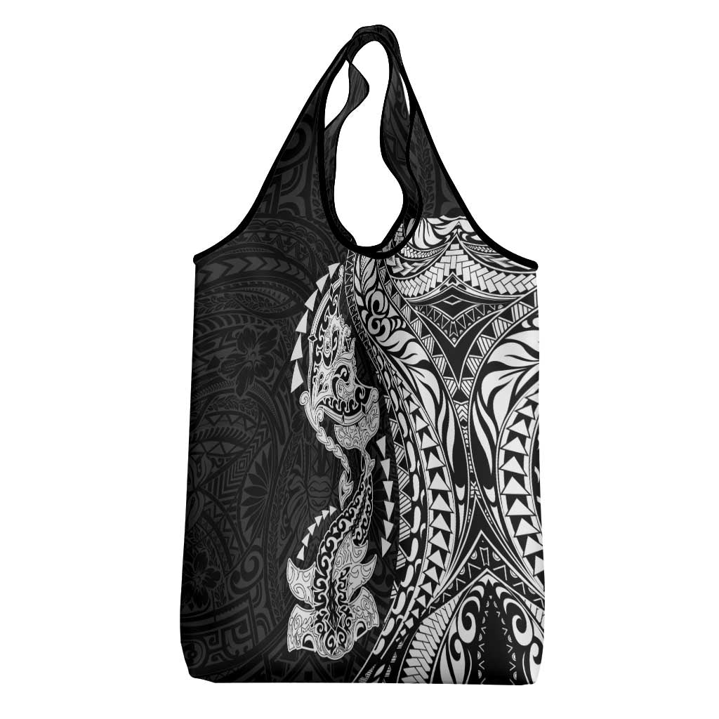 Hawaiian Manta Ray and Hammerhead Shark Tribal Tattoo Grocery Bag with Polynesian Tribal Pattern Black-White Color LT03 - Polynesian Pride