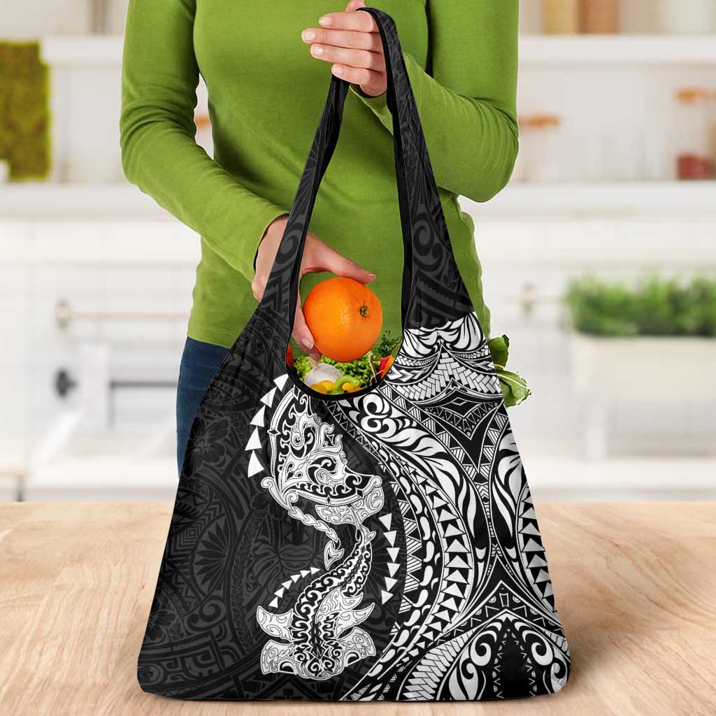 Hawaiian Manta Ray and Hammerhead Shark Tribal Tattoo Grocery Bag with Polynesian Tribal Pattern Black-White Color LT03 - Polynesian Pride